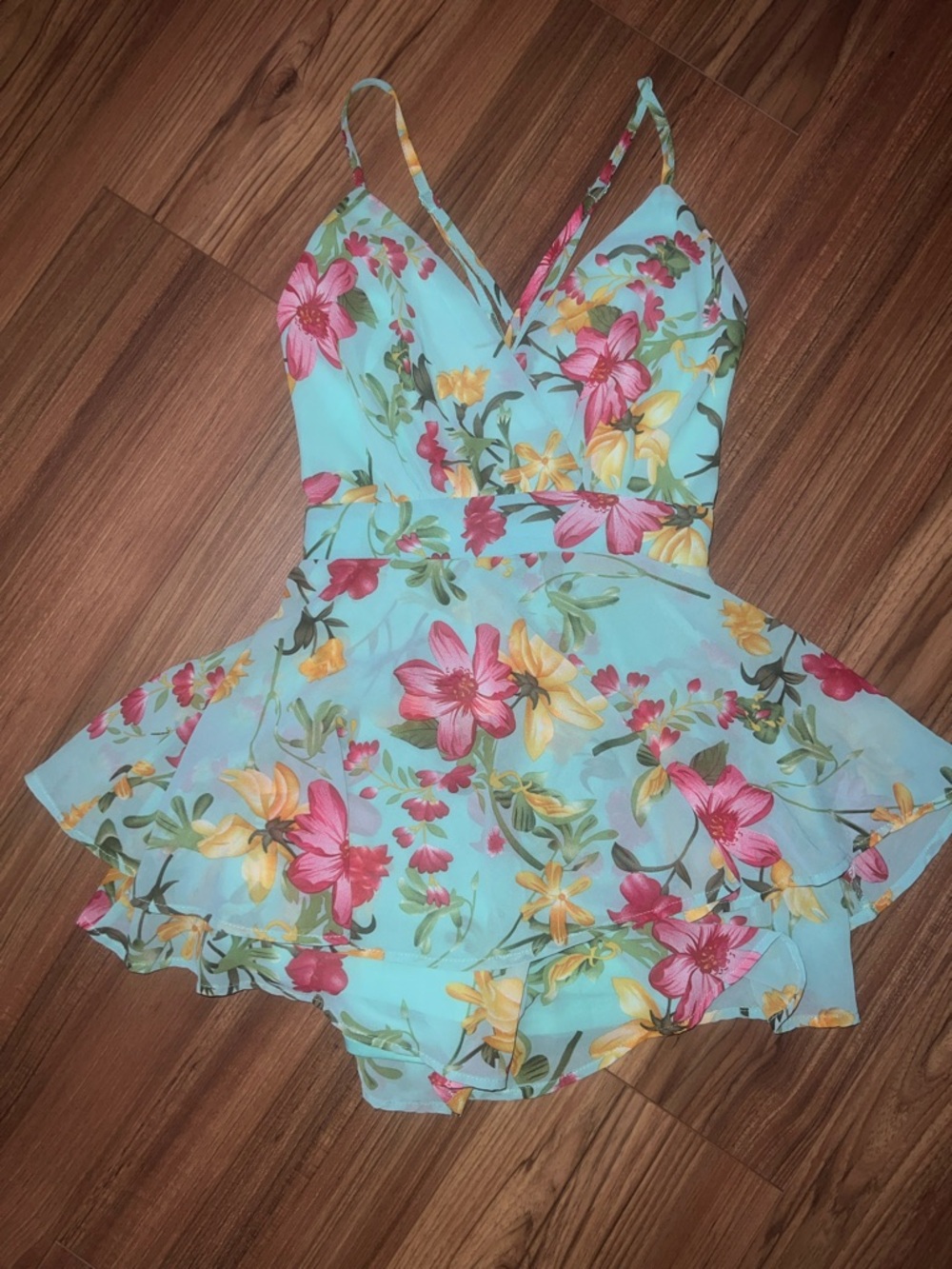 Fashion Nova Aqua Floral Romper with Pink & Yellow Blooms